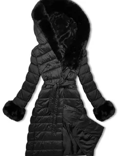 Černý péřový zimní kabát s kožešinovou kapucí J Style (11Z8095)