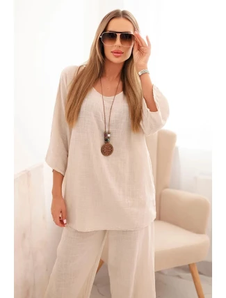 Dámský komplet z viskózy, blůza s náhrdelníkem a kalhoty béžový