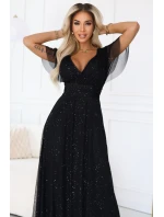 635-2 MELANIA dlouhé lesklé šaty s výstřihem a krátkými rukávy - černé 635-2 MELANIA dlouhé lesklé šaty s výstřihem a krátkými rukávy - černé