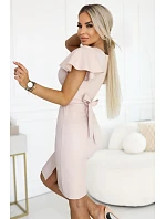 479-13 NINA elegantní šaty s obálkovým výstřihem, rukávy a páskem - béžové se třpytkami
