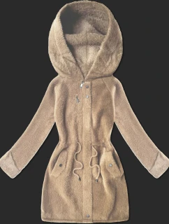 Světle béžová vlněná bunda typu alpaka s kapucí (W214#)