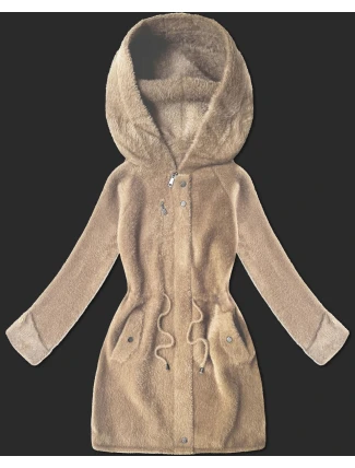 Světle béžová vlněná bunda typu alpaka s kapucí (W214#)