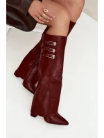 Dámské Kozačky Na Podpatku Otočený Svršek Pásky S Přezkami Bordové Nirisa