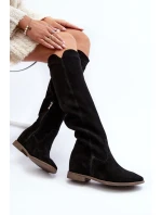 Zazoo 3407 Zamszové Kozáky po Kolena na Ploché Podrážce Černé