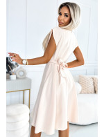 SCARLETT - Rozšířené béžové dámské šaty s výstřihem a páskem 348-7