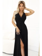 587-1 MONIQUE dlouhé exkluzivní šaty s výstřihem a rozparkem na nohou - ČERNÉ se třpytkami 587-1 MONIQUE dlouhé exkluzivní šaty s výstřihem a rozparkem na nohou - ČERNÉ se třpytkami