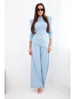 Dámský bavlněný komplet s halenou a kalhotami s širokými nohavicemi modrý