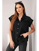 Dámská bavlněná košilová halenka s krajkou a krátkým rukávem černá Dámská bavlněná košilová halenka s krajkou a krátkým rukávem černá
