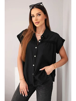 Dámská bavlněná košilová halenka s krajkou a krátkým rukávem černá Dámská bavlněná košilová halenka s krajkou a krátkým rukávem černá