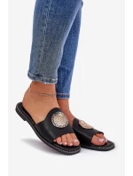 Ekokožené Pantofle Na Plošem Podpatku S Dekorací Černé Tatereia Ekokožené Pantofle Na Plošem Podpatku S Dekorací Černé Tatereia