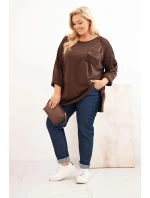 Dámská plus size bavlněná blůza s potiskem hnědá