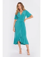 M912 Zavinovací midi šaty s volánem a řasením - tyrkysové