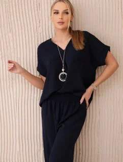 Komplet s náhrdelníkem halenka + kalhoty námořnická modř