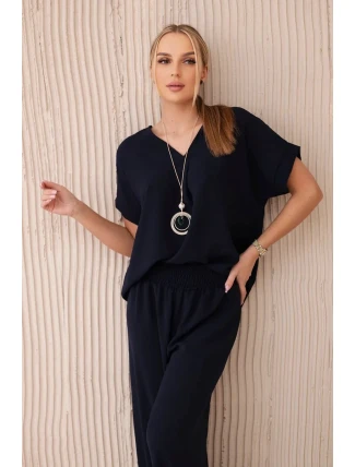 Komplet s náhrdelníkem halenka + kalhoty námořnická modř