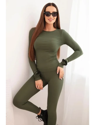 Dámský komplet z žebrované viskózy s dlouhým rukávem a legínami khaki