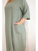 Dámské plus size viskózové šaty s kapsami a krátkým rukávem khaki