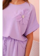 Dámský komplet z viskózy s ozdobným květem a širokými kalhotami - fuchsie světlá fialová