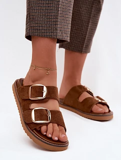 Dámské pantofle z imitace semiše s zlatými přezkami Camel Averia