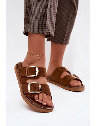 Dámské pantofle z imitace semiše s zlatými přezkami Camel Averia