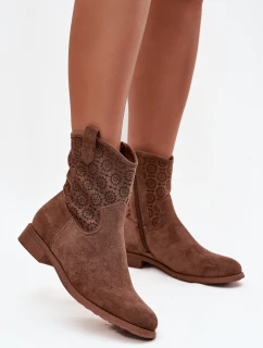 Dámské kotníkové boty na plochém podpatku s ažurovým vzorem S.Barski – hnědé
