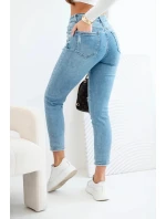 Dámské džíny mom fit s vysokým pasem a jemným obnošením modré