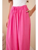 Dámské široké bavlněné kalhoty s gumou v pase růžové