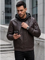 Pánská kožená zateplená bunda s kapucí, tmavě hnědá, FashionStreet TX5140 Pánská kožená zateplená bunda s kapucí, tmavě hnědá, FashionStreet TX5140