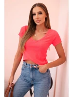 Dámská pruhovaná blůza s V výstřihem a krátkým rukávem neonově růžová