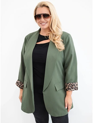 Dámské sako Plus Size s podšívkou v leopardí vzor khaki Dámské sako Plus Size s podšívkou v leopardí vzor khaki