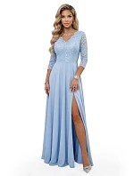 309-15 AMBER elegantní dlouhé krajkové šaty s výstřihem - modré