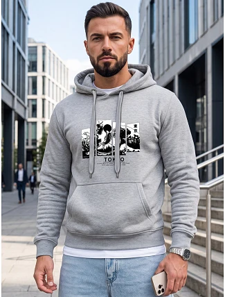 Pánská mikina s kapucí a potiskem TOKYO, světle šedá, FashionStreet NX5146BX Pánská mikina s kapucí a potiskem TOKYO, světle šedá, FashionStreet NX5146BX