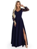 640-3 LORETTA jedinečné dlouhé šaty s tylovými rukávy a výstřihem - tmavě modré 640-3 LORETTA jedinečné dlouhé šaty s tylovými rukávy a výstřihem - tmavě modré
