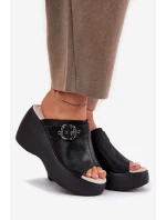 Kožené Dámské Sandály Na Platformě A Klínu S Přezkou Černé S.Barski LR51-542 Kožené Dámské Sandály Na Platformě A Klínu S Přezkou Černé S.Barski LR51-542