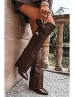 Zateplené kozačky s ohnutým horním lemem nad koleno podpatek sloupka hnědé Serelle
