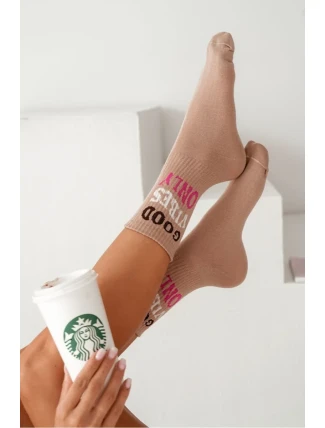 Skarpetki Damskie Z Napisem Good Vibes Only Beżowe