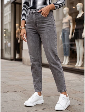 Dámské džíny Mom Fit s elastickým pasem, šedé, FashionStreet UY3100 Dámské džíny Mom Fit s elastickým pasem, šedé, FashionStreet UY3100