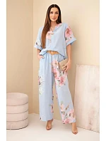 Dámský bavlněný komplet s krátkým rukávem a širokými nohavicemi modrý Dámský bavlněný komplet s krátkým rukávem a širokými nohavicemi modrý