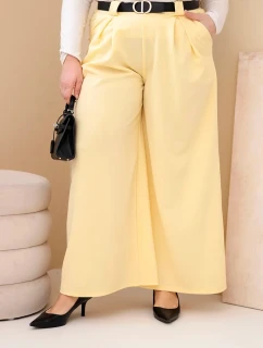 Dámské kalhoty Plus Size viskózové s širokou nohavicí a páskem žluté