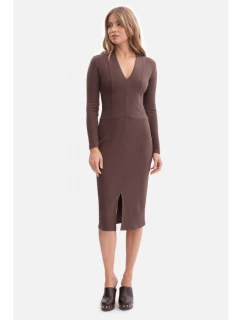 B307 Pletené tužkové šaty - hnědé