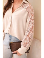 Dámská viskózová košile s krajkovými rukávy a límečkem béžová
