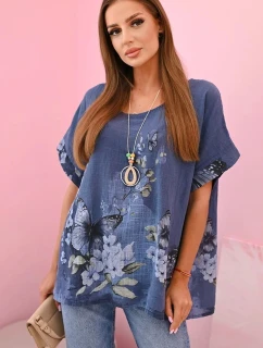 Dámská bavlněná košile s motýly a květinami džínovina