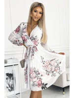 BIANCA - Delší bílé dámské plisované šaty se vzorem růží, s výstřihem, dlouhými rukávy a páskem 416-1