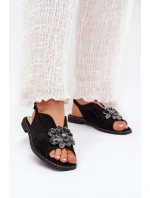 Dámské Sandály Na Plochém Podpatku S Ozdobou S.Barski KV27-001 Černé Dámské Sandály Na Plochém Podpatku S Ozdobou S.Barski KV27-001 Černé