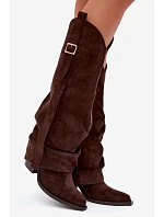 Dámské kozačky na podpatku s ohnutým horním lemem s plisováním a sponami Caster Dámské kozačky na podpatku s ohnutým horním lemem s plisováním a sponami Caster