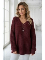 661-1 Teplý svetr oversize s fleecovou vazbou a výstřihem do V - vínový