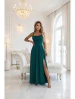 589-6 Maxi šaty bez ramínek s korzetovým zavazováním na zádech a rozparkem - lahvově zelené
