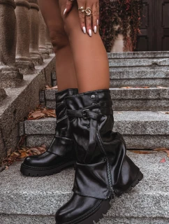 Dámské kozačky s ohnutým horním lemem do půl lýtka s páskem Černé Darisa