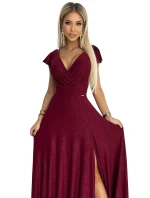 411-8 CRYSTAL třpytivé dlouhé šaty s výstřihem - Bordeaux