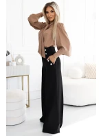 496-2 Elegantní široké kalhoty s kapsami, vysokým sedem a zlatými knoflíky - ČERNÁ 496-2 Elegantní široké kalhoty s kapsami, vysokým sedem a zlatými knoflíky - ČERNÁ
