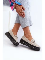 Dámské kožené mokasíny na platformě s ozdobou S.Barski LR750 béžové Dámské kožené mokasíny na platformě s ozdobou S.Barski LR750 béžové